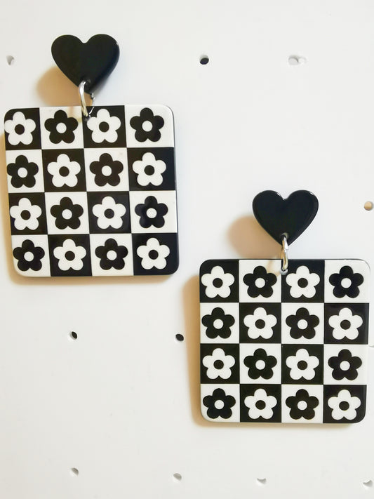 Black and White Heart Square Earring, fashion daily earring, creative gift, party for fun
